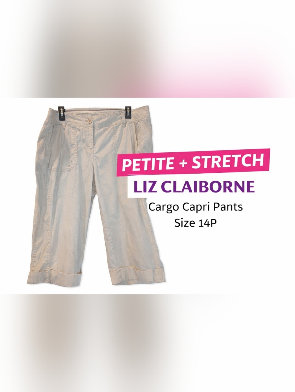 Liz Claiborne Petite Stretch Cargo Capri Pants Beige Size 14P